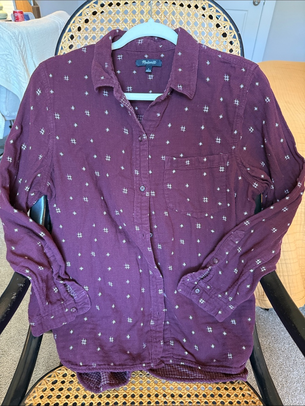 Madewell Button-Down Shirt in Burgundy with Cream Dot Pattern